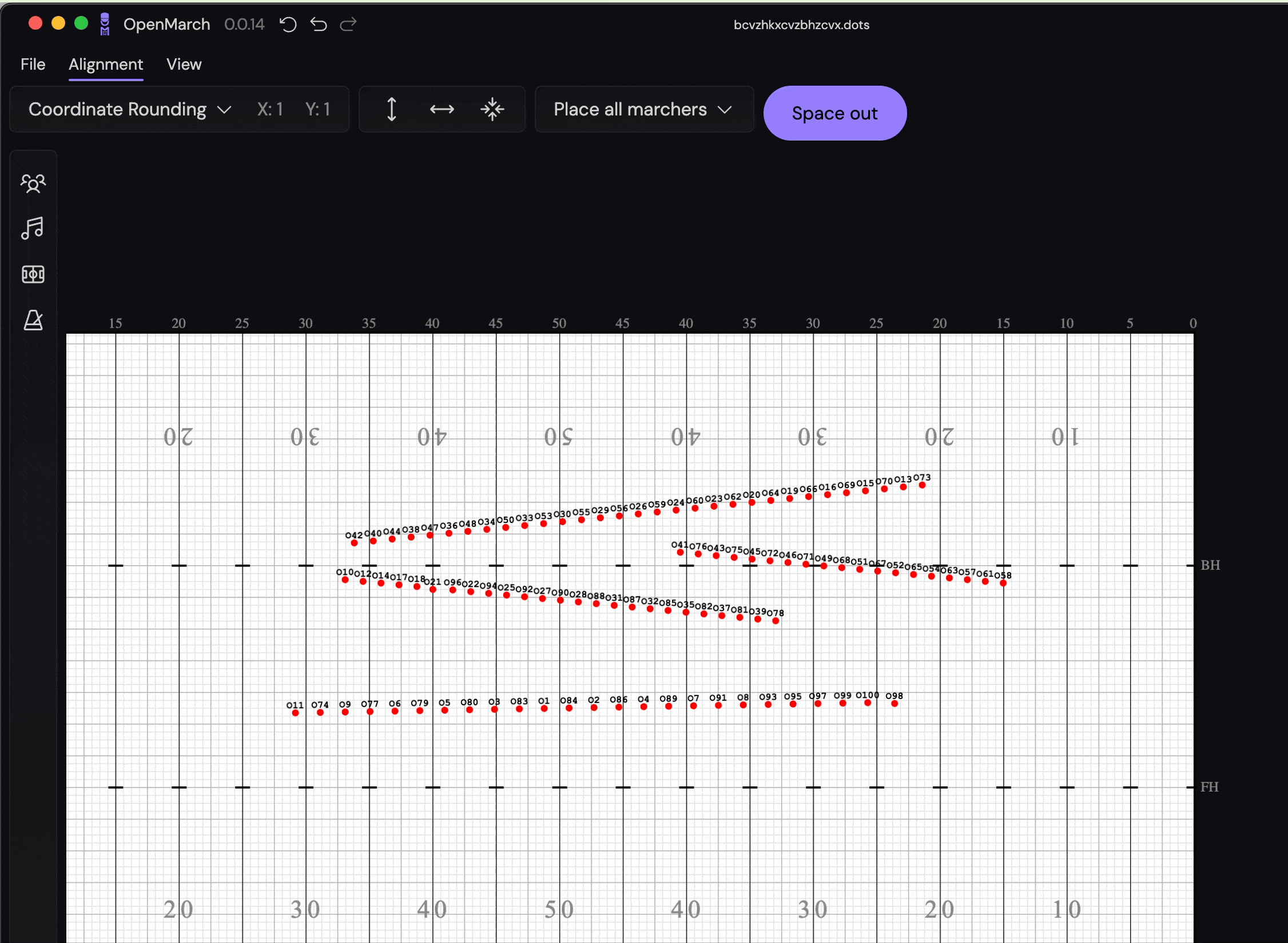Animation showing marchers being combined into a vertical line with 2-step spacing