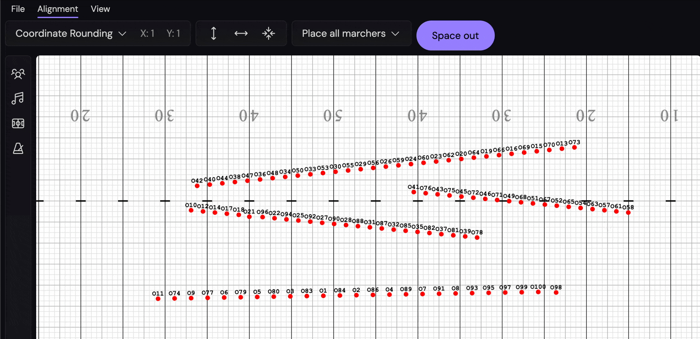Animation showing marchers being spaced out evenly but without proper sorting, resulting in a jumbled arrangement