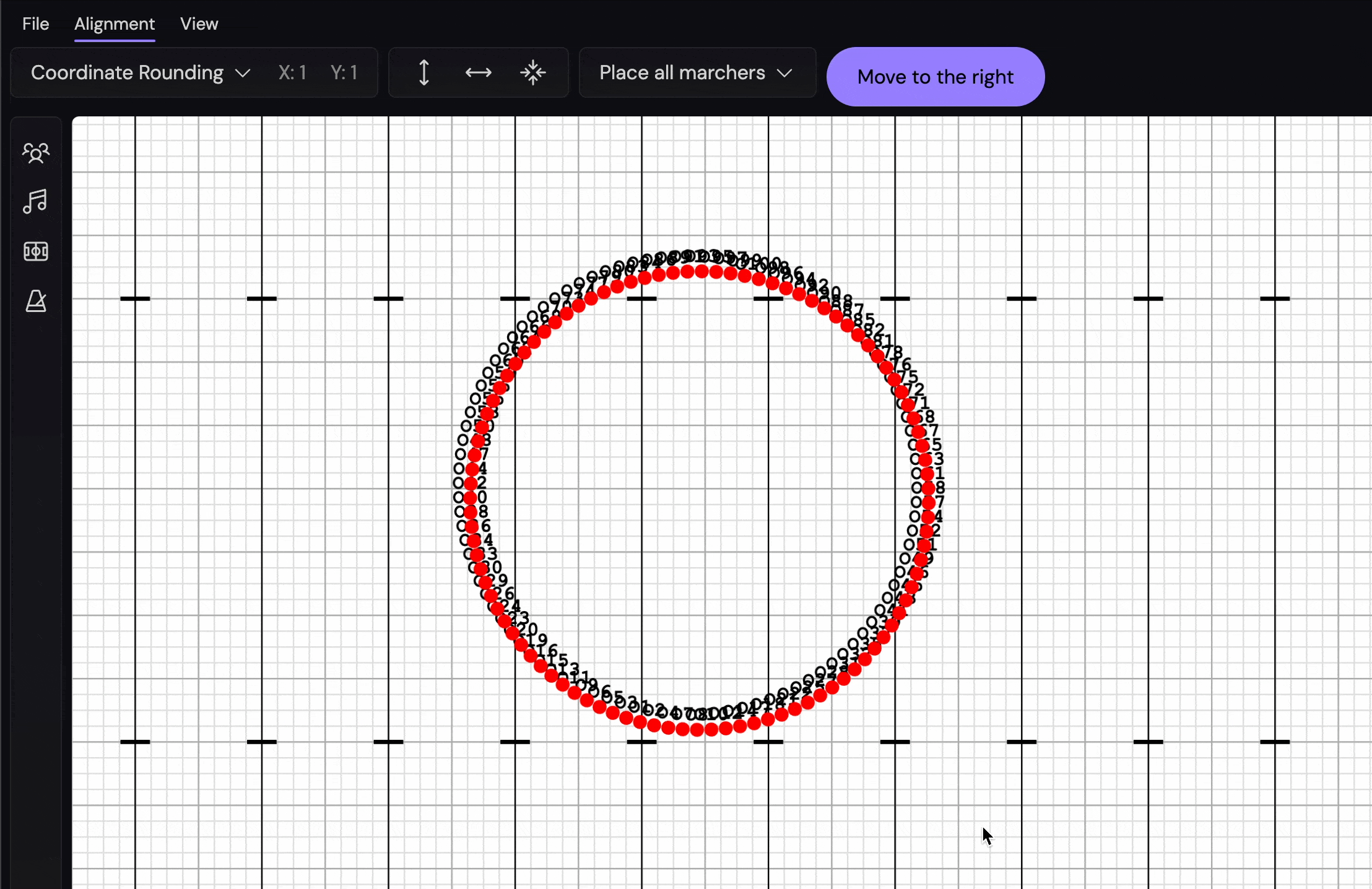 Animation showing selected marchers moving 10 pixels to the right when the button is clicked