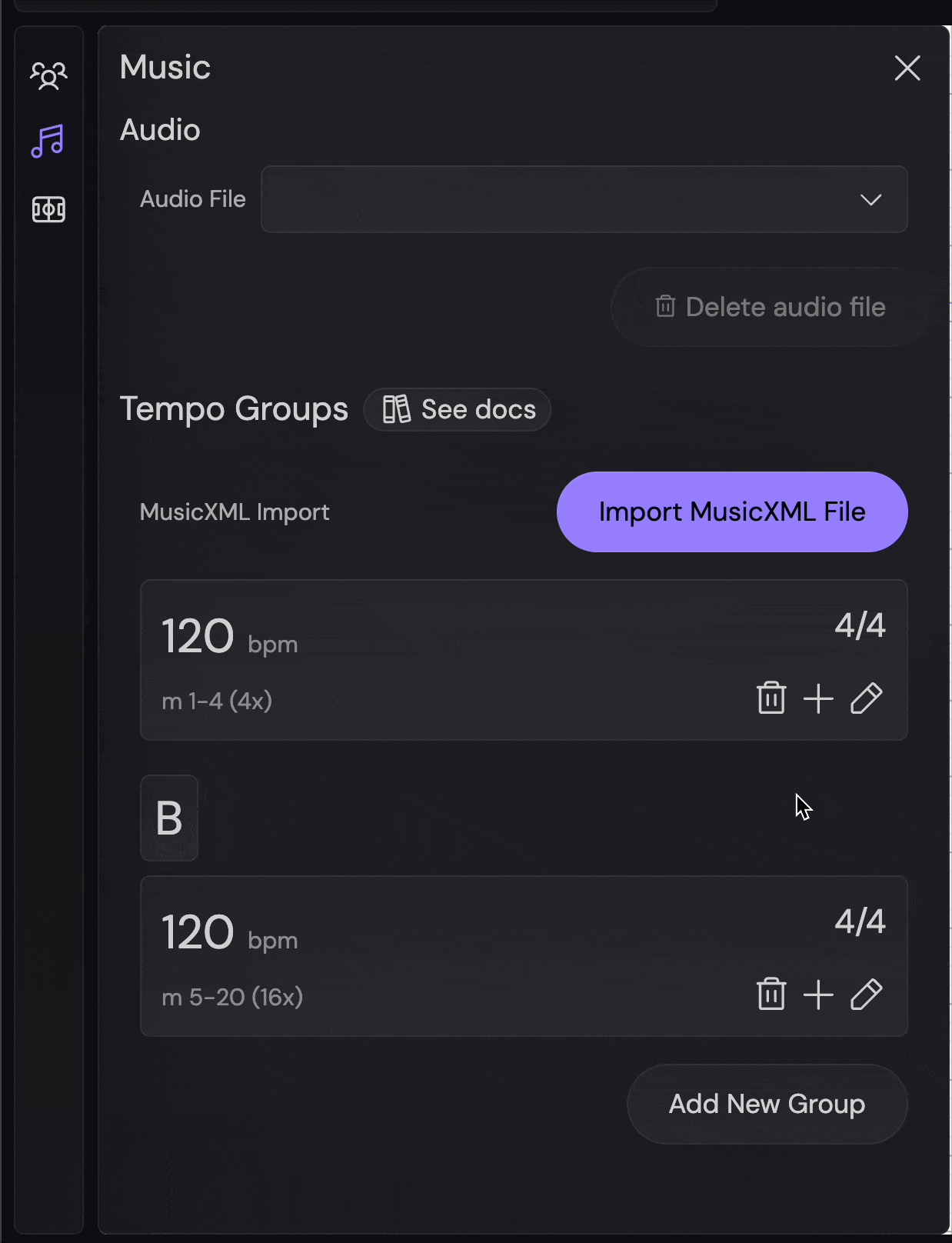 Adding a tempo group in between existing tempo groups